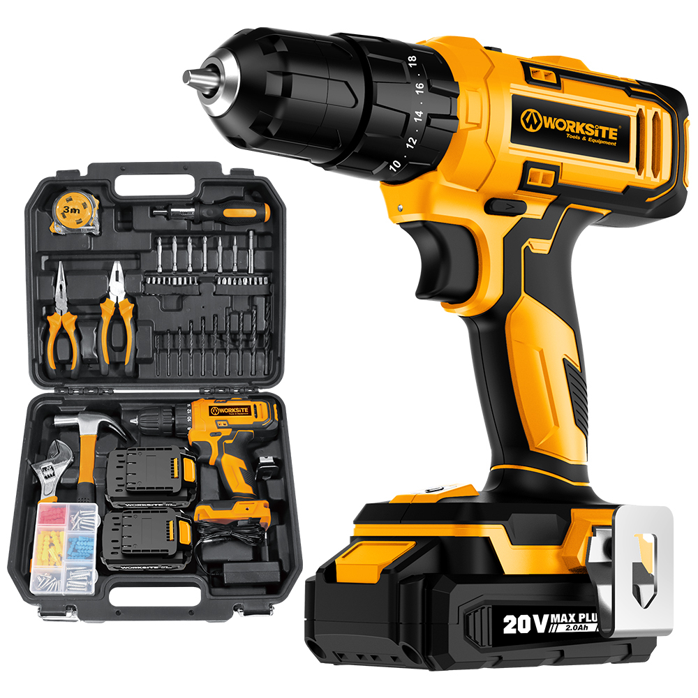 WORKSITE Cordless Drill Kit 110PCS 3/8" 20V Wireless Compact Handheld Keyless Electric Drills Tools Kits with Case