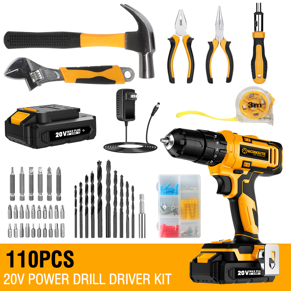 WORKSITE Cordless Drill Kit 110PCS 3/8" 20V Wireless Compact Handheld Keyless Electric Drills Tools Kits with Case