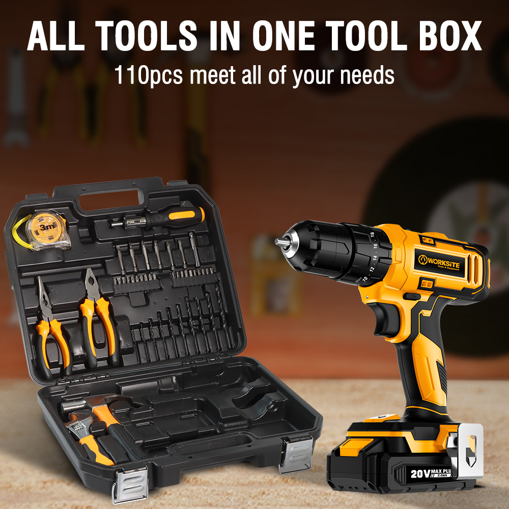 WORKSITE Cordless Drill Kit 110PCS 3/8" 20V Wireless Compact Handheld Keyless Electric Drills Tools Kits with Case