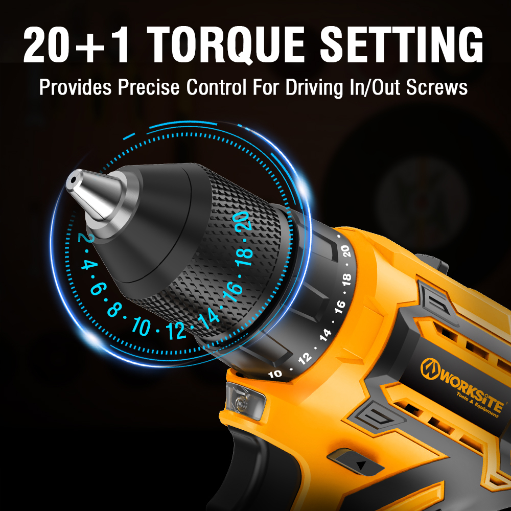 WORKSITE Brushless Cordless Drill 3/8" Compact Lightweight Handheld Variable Speed 40Nm Keyless Power Electric Drills