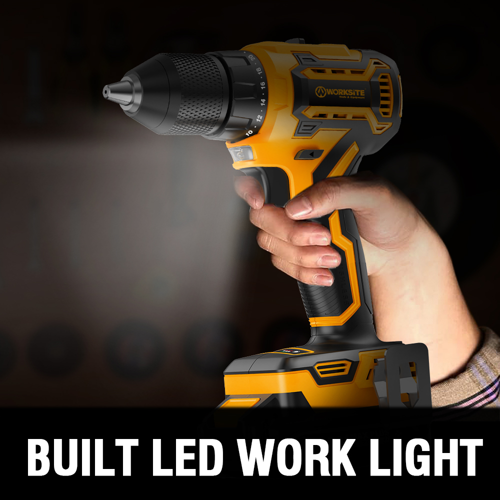 WORKSITE Brushless Cordless Drill 3/8" Compact Lightweight Handheld Variable Speed 40Nm Keyless Power Electric Drills