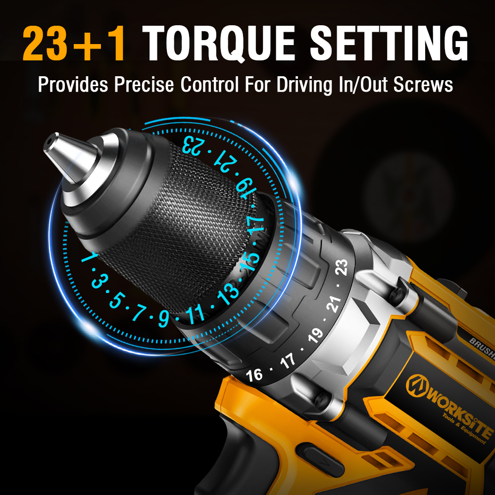 WORKSITE 1/2" Brushless Cordless Drill 20V Battery Wireless Handheld Compact Lightweight Power Hammer Electric Drills