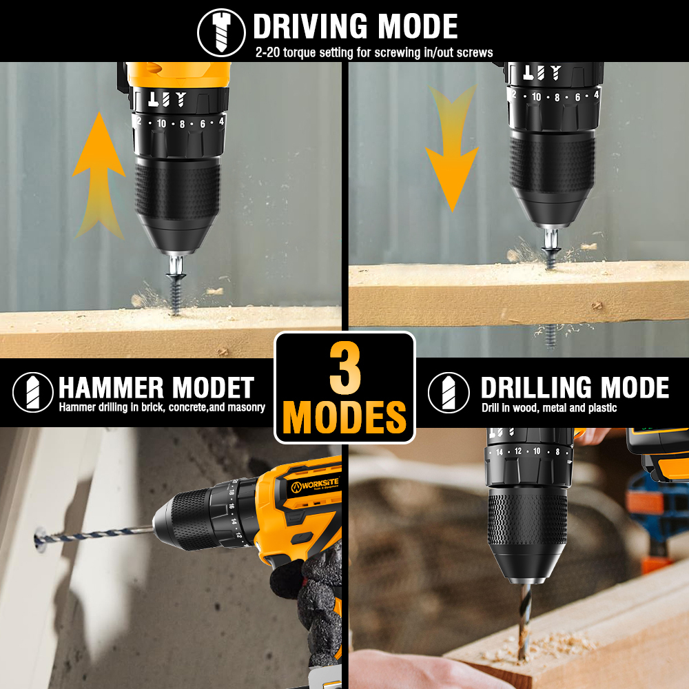 WORKSITE 3/8" Brushless Cordless Drill 20V Battery Wireless Handheld Compact Lightweight Power Hammer Drills