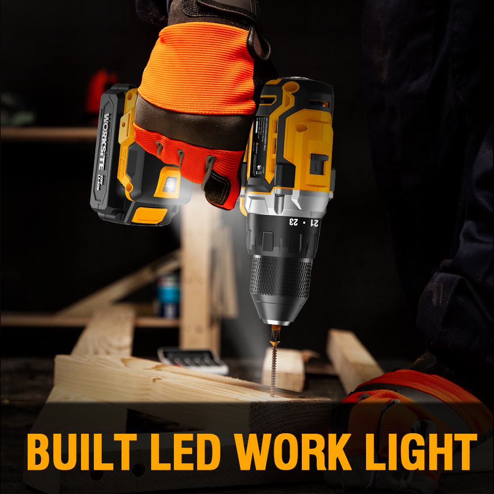 WORKSITE 1/2" Brushless Cordless Drill 20V Battery Wireless Handheld Compact Lightweight Power Hammer Electric Drills