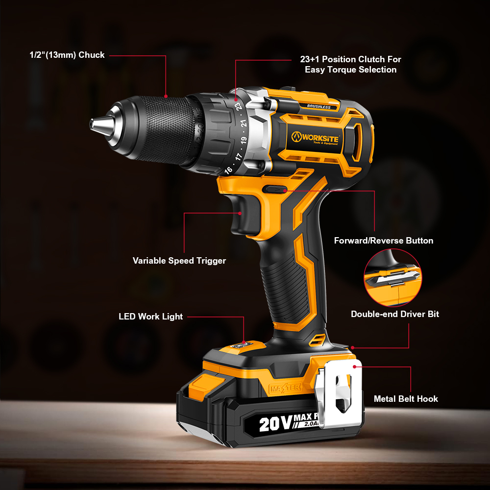 WORKSITE 1/2" Brushless Cordless Drill 20V Battery Wireless Handheld Compact Lightweight Power Hammer Electric Drills