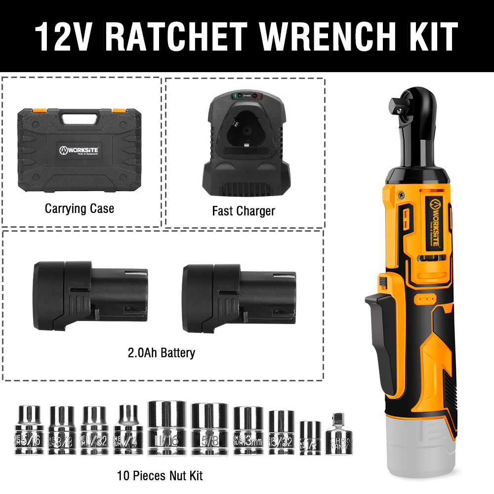WORKSITE 12V Cordless Ratchet Wrench 3/8" 50Nm Mini Battery Power Adjustable Electric Small Ratchet Wrenches Flex Head