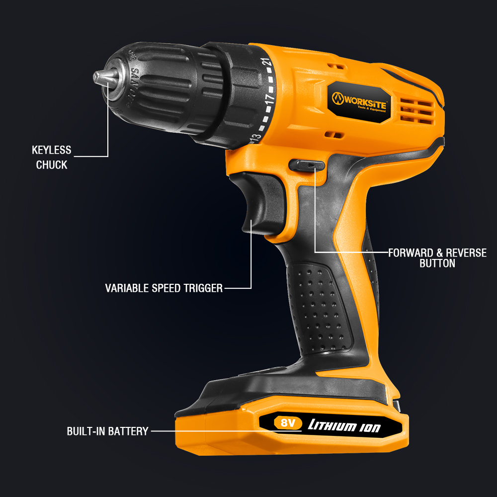 WORKSITE 8V Power Cordless Drill 3/8" Keyless Variable Speed Portable Handheld Wireless Electric Battery Drills