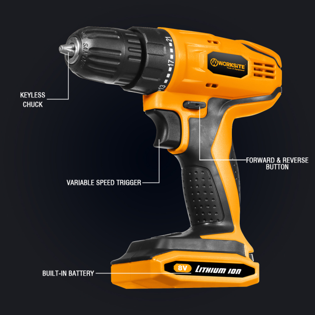 WORKSITE 8V Power Cordless Drill 3/8" Keyless Variable Speed Portable Handheld Wireless Electric Battery Drills