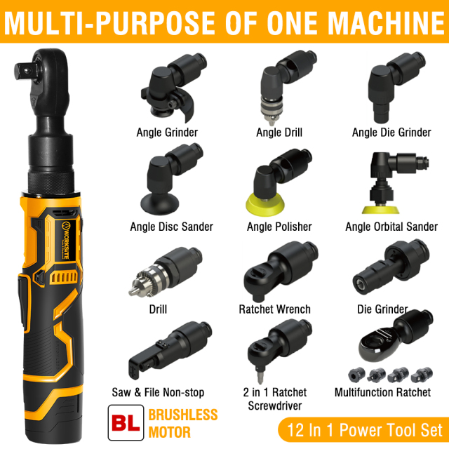 WORKSITE 12V Li-ion Powered Multi-Head Power Tools Angle/Grinder/Drill/Die Grinder/Orbital Sander/Ratchet Wrench/Screwdriver