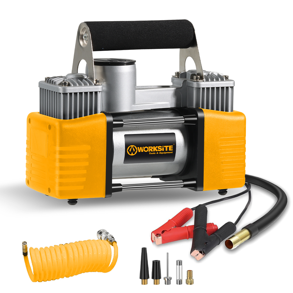 WORKSITE Portable Tire Inflator Air Compressor 12V DC Heavy Duty Dual Cylinder 150PSI with Pressure Gauge