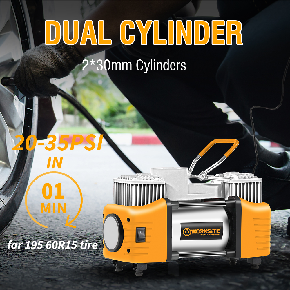 WORKSITE Dual Cylinder Tire Inflator Portable Air Compressor Heavy Duty 12V DC 120PSI Fast Inflation 45L/Min Auto Pump
