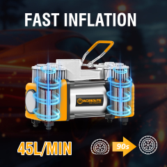 WORKSITE Dual Cylinder Tire Inflator Portable Air Compressor Heavy Duty 12V DC 120PSI Fast Inflation 45L/Min Auto Pump