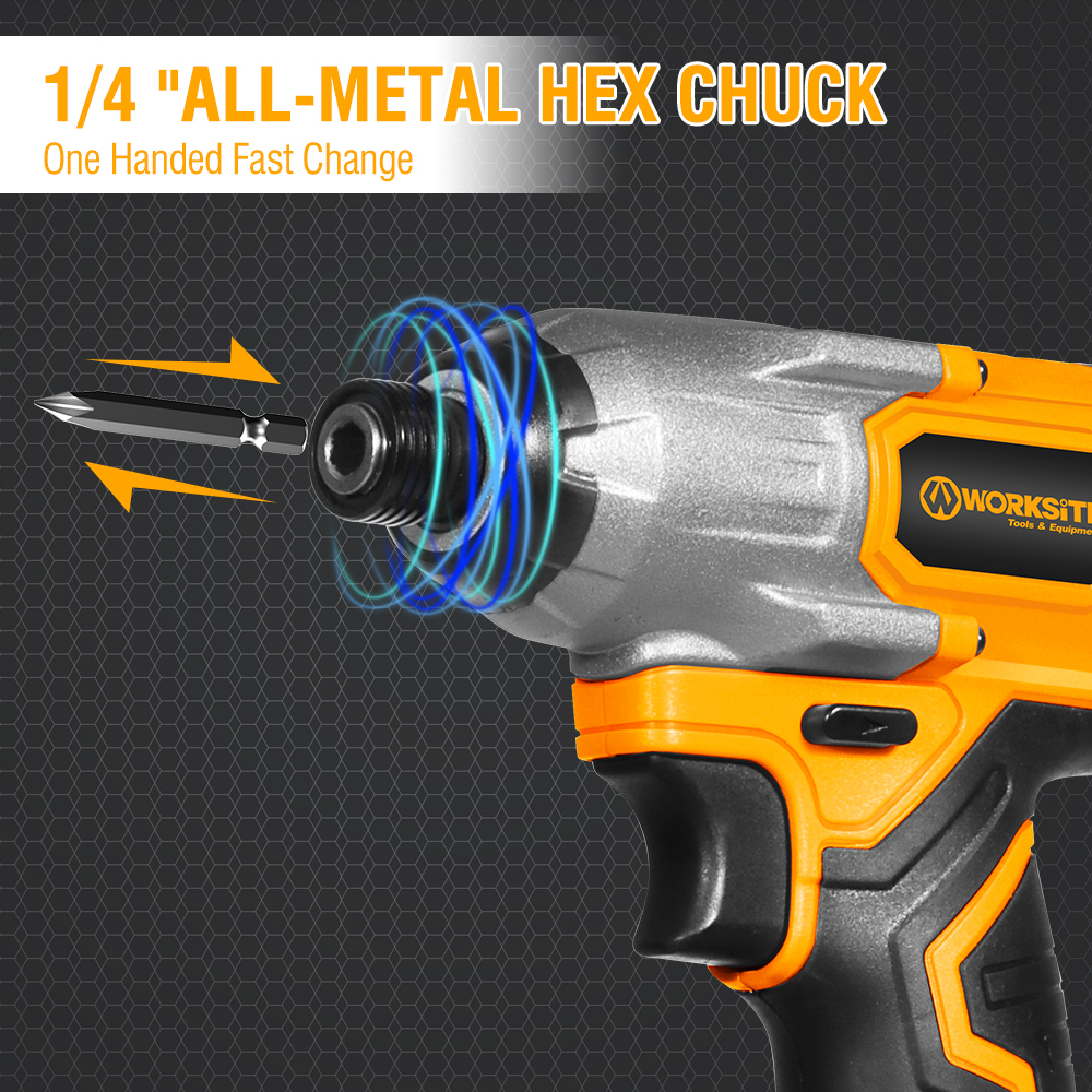 WORKSITE Cordless Impact Driver 1/4" Compact Power Handheld 120Nm (1060 in-lbs) Torque,Variable Speed 2700 RPM Drivers