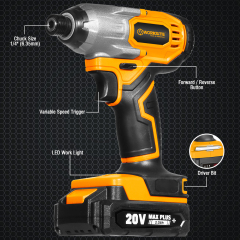 WORKSITE Cordless Impact Driver 1/4" Compact Power Handheld 120Nm (1060 in-lbs) Torque,Variable Speed 2700 RPM Drivers