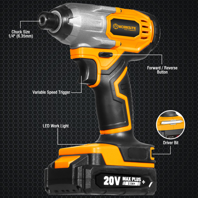WORKSITE Cordless Impact Driver 1/4" Compact Power Handheld 120Nm (1060 in-lbs) Torque,Variable Speed 2700 RPM Drivers