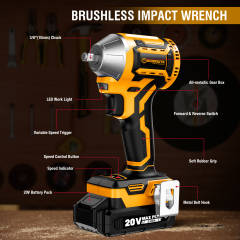 WORKSITE Brushless Impact Wrench 3/8 inch (10mm) 20V Battery Power 250Nm Variable Speed 3250 RPM Electric Wrenches