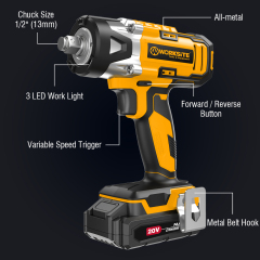 WORKSITE Cordless Impact Wrench 1/2 inch (13mm) 20V Battery Power 210Nm Variable Speed Electric Impact Wrenches