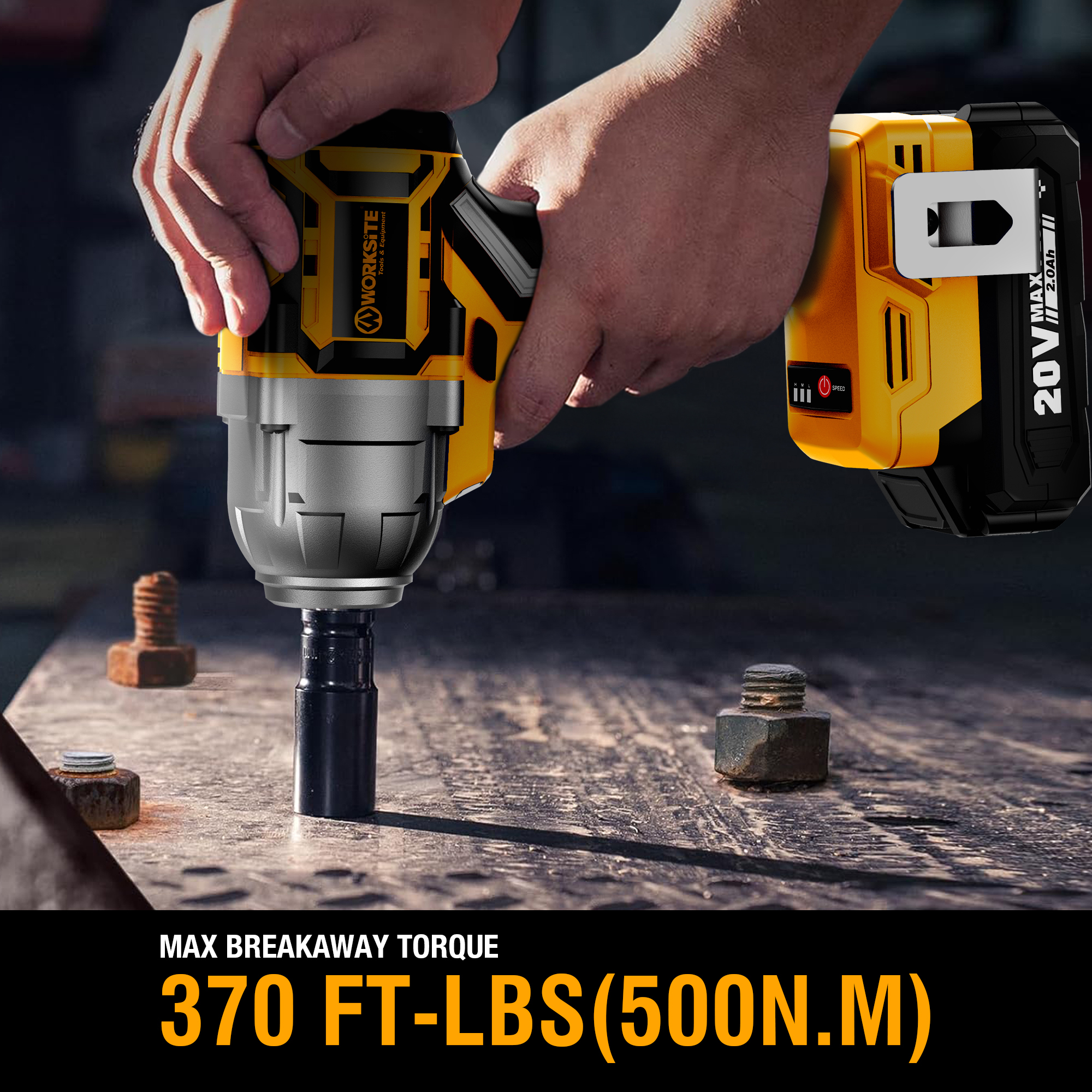 WORKSITE 20V Brushless Cordless Impact Wrench 1/2-inch Variable Speed 500Nm Square Head Lug Nuts Electric Wrenches