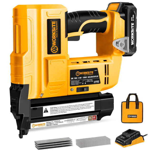 WORKSITE 2-In-1 Brad Nailer Stapler 18 Gauge Battery Powered Portable Nail Gun Compatible with 3/4"~2" Nails and 3/4"~1-9/16" Staples