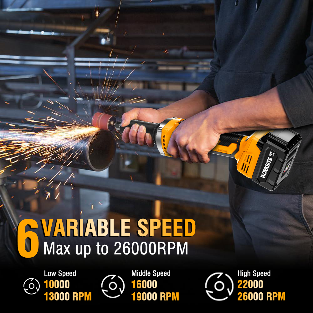 WORKSITE Brushless Die Grinder 1" Collet Variable Speed (10000-26000RPM) Ergonomic Grip for Rust Removal, Grinding, Cutting, Polishing, with 1/4" Collets