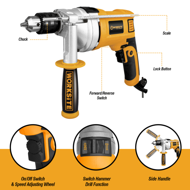 WORKSITE Professional Corded Hammer Drill 1/2" Heavy-Duty 1100W Variable Speed 3000RPM Electric Power Drills
