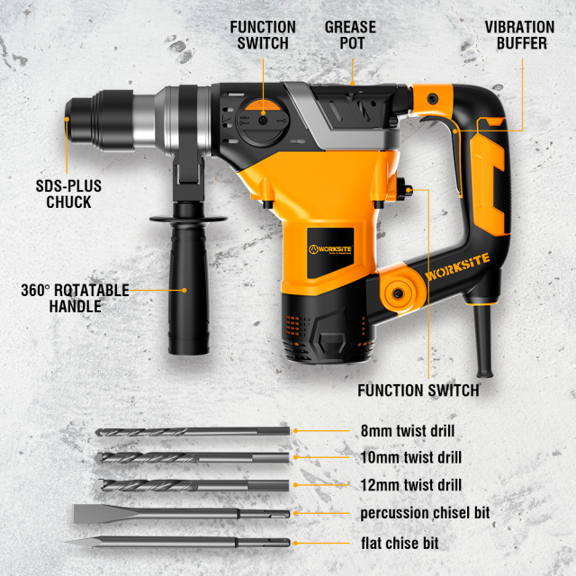 WORKSITE Electric Rotary Hammer Drill 28MM Professional Heavy Duty
