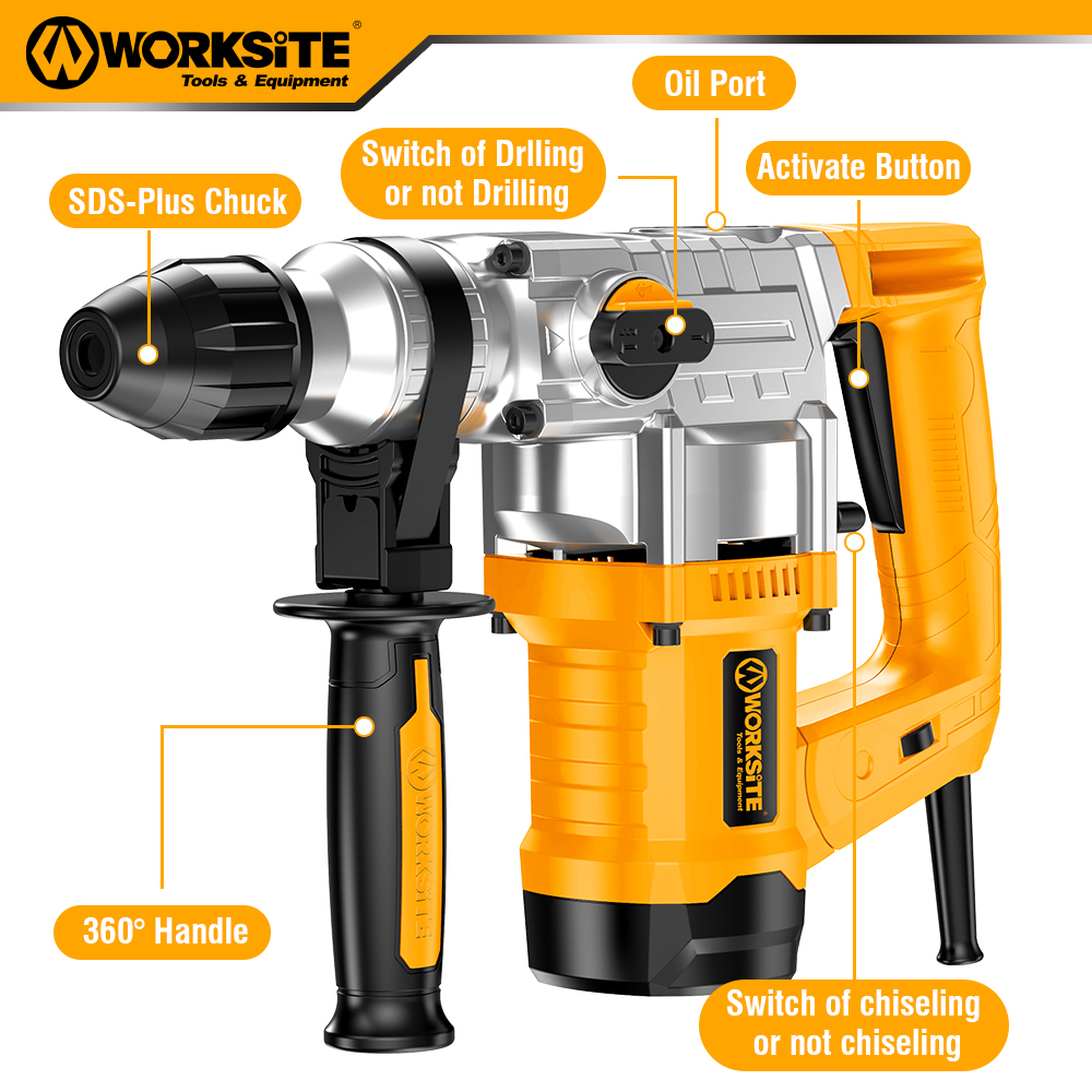 WORKSITE Electric Rotary Hammer Drill 26MM Professional Heavy Duty 1050W Steel Concrete Stone Drilling Tools