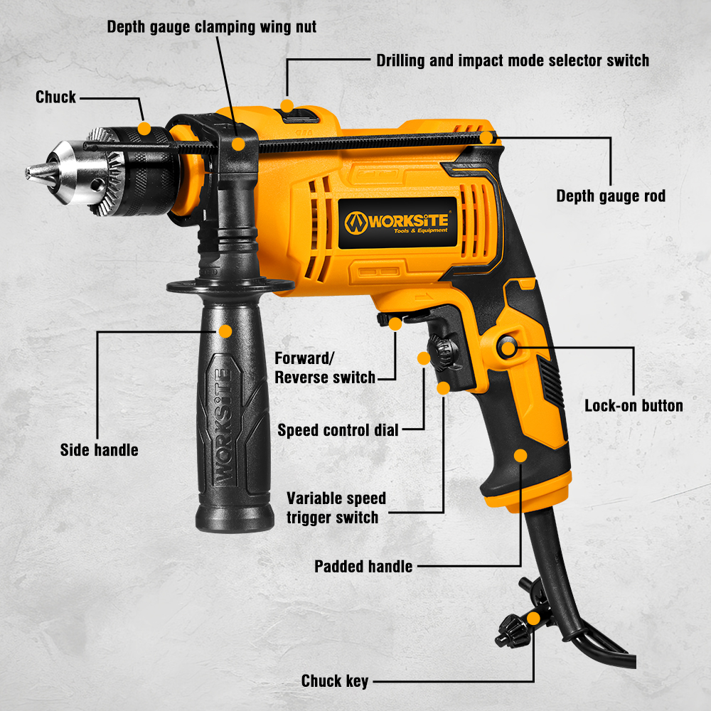 WORKSITE Electric Impact Drill 13mm Powerful 650W Variable Speed 2800RPM Portable Corded Power Impact Drills