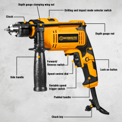 WORKSITE Electric Impact Drill 13mm Powerful 710W Variable Speed 3000RPM Portable Corded Power Impact Drills