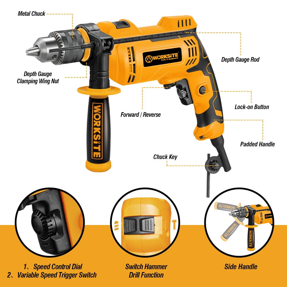 WORKSITE Electric Impact Drill 13MM Powerful 810W Variable Speed 3000RPM Wood Steel Drilling Handheld Impact Drills