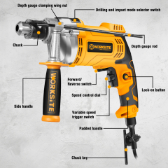 WORKSITE Electric Impact Drill 13MM Powerful 1050W Variable Speed 2800RPM Wood Steel Drilling Handheld Impact Drills