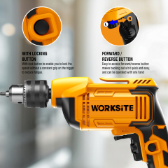 WORKSITE 450W Corded Hammer Drill 3/8" Metal Chuck Variable Speed 3300RPM Electric Power Handheld Drilling Tools