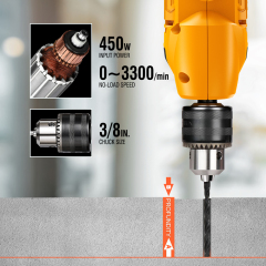 WORKSITE 450W Corded Hammer Drill 3/8" Metal Chuck Variable Speed 3300RPM Electric Power Handheld Drilling Tools