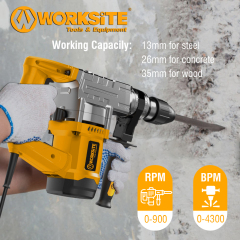 WORKSITE Electric Rotary Hammer Drill 26MM Professional Heavy Duty 1050W Steel Concrete Stone Drilling Tools