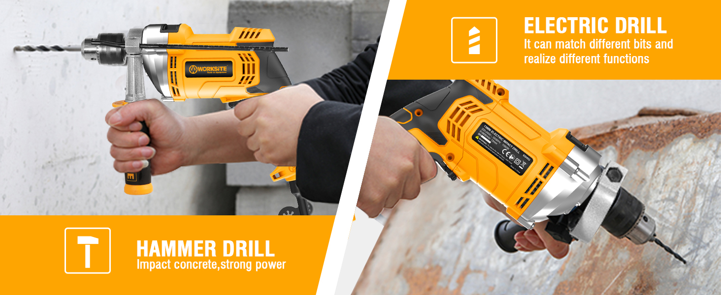 WORKSITE Electric Impact Drill Powerful 1050W Handheld Impact Drills