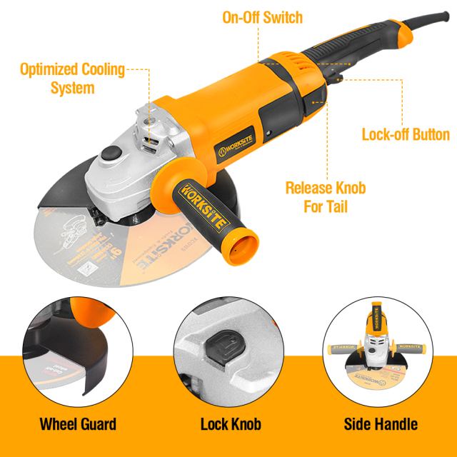 WORKSITE Angle Grinder 180mm Cutting Grinding Machine Portable Stone Wet Electric Professional 2000W Heavy Duty Angle Grinder