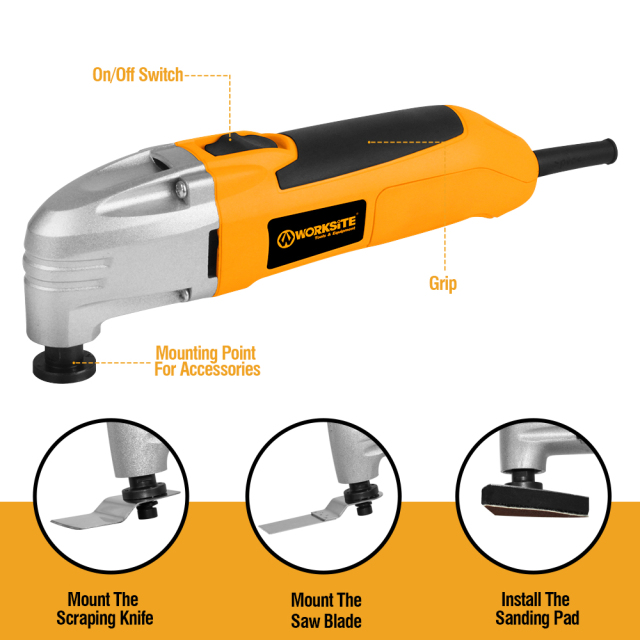 WORKSITE Oscillating Tool 180W Electric 23000 RPM Oscillating Multi Power Tools for Metal Wood Sanding Cutting Cleaning