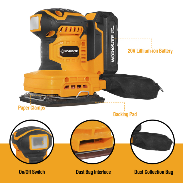 WORKSITE 20V Cordless Palm Sander 1/4 Sheet Battery Power 12000 RPM Dust Resistant Finishing Sanding Drywall Sanders