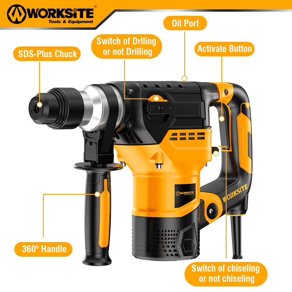 WORKSITE Electric Rotary Hammer Drill 32MM Professional Heavy Duty 1500W Variable Speed Concrete Stone Rotary Hammer