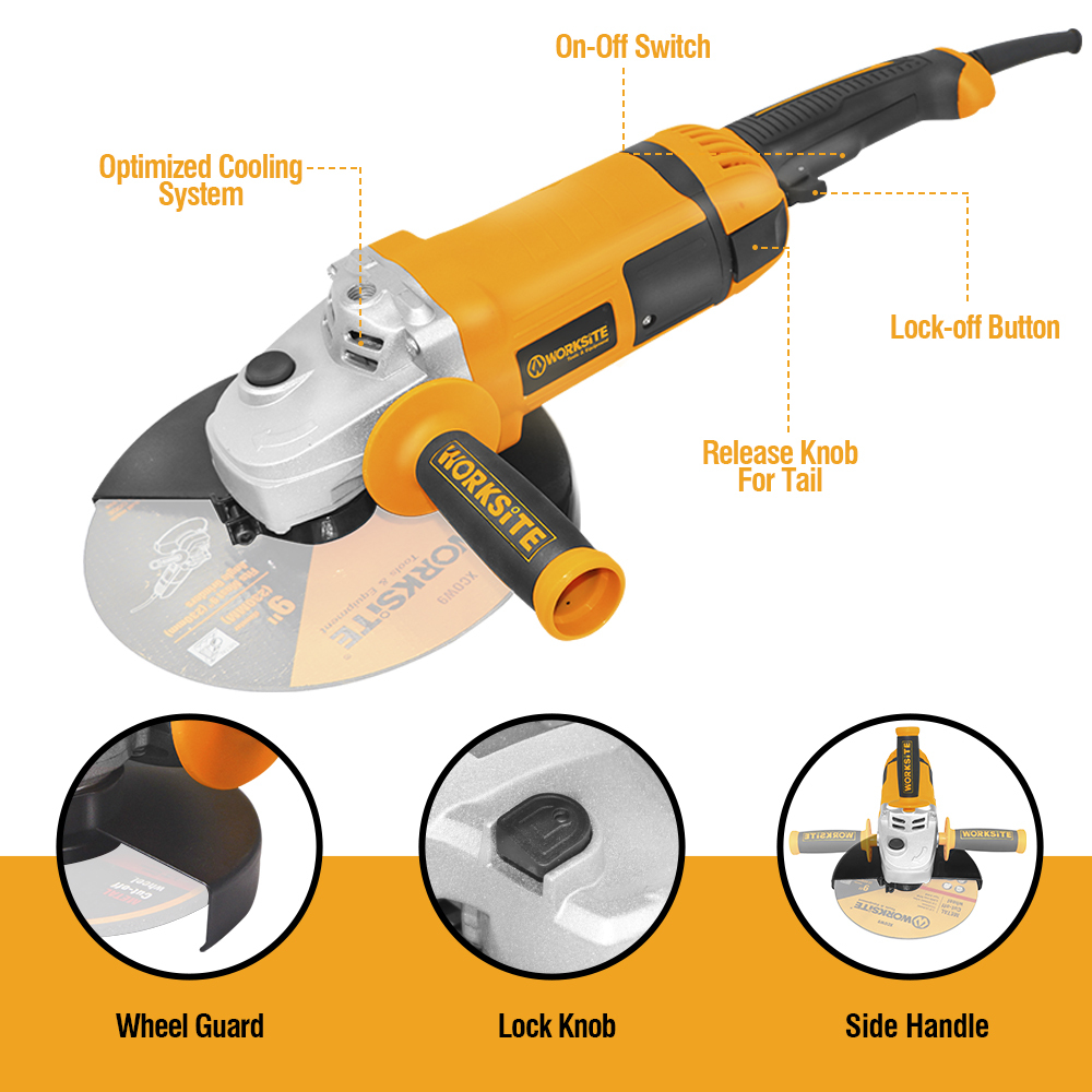 WORKSITE Angle Grinder 230mm Angle Grinder Handle Angle Grinder Heavy Duty Professional Electric Angle Grinder Corded Angle Grinders