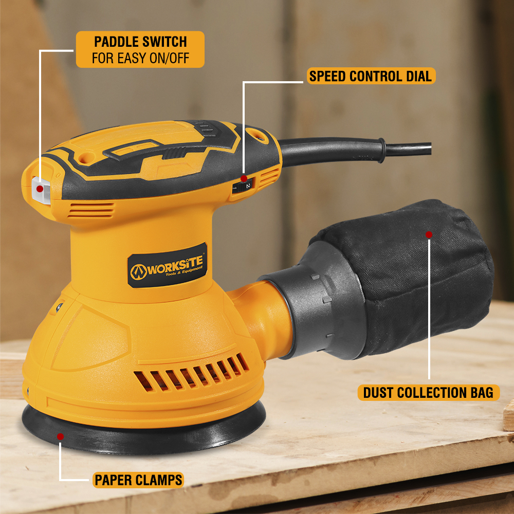 WORKSITE Orbital Sander 5 Inch Powerful 350W 14000 RPM Speed Electric Woodworking Sanding Sanders with Dust Bag