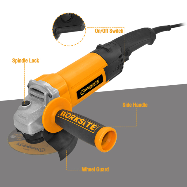 WORKSITE Electric Angle Grinders Power Grinding Disc Tools Heavy Duty Metal Concrete Cutter Portable Corded Angle Grinder 125mm