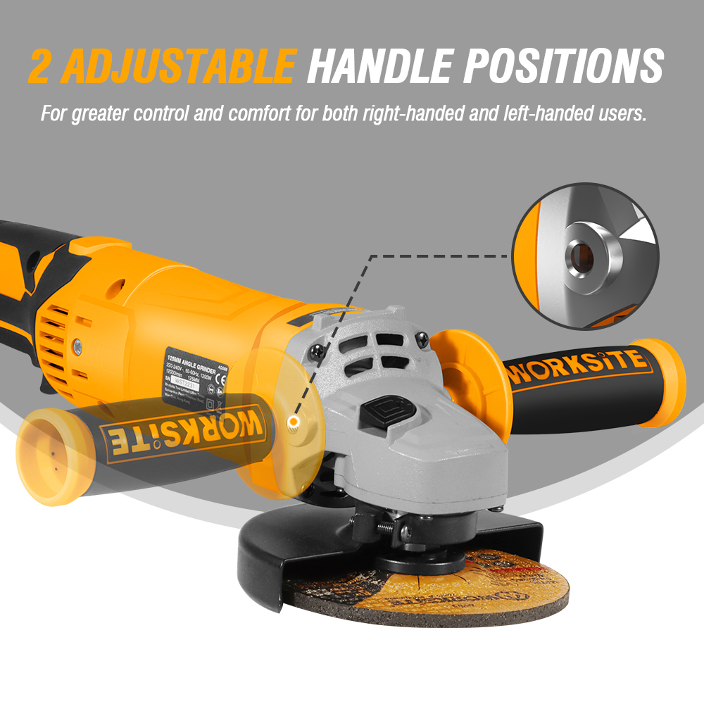 WORKSITE Angle Grinder 125mm Cutting Discs 1200W 11000/min Speed Metal Grinding Corded Power Electric Grinders Tools