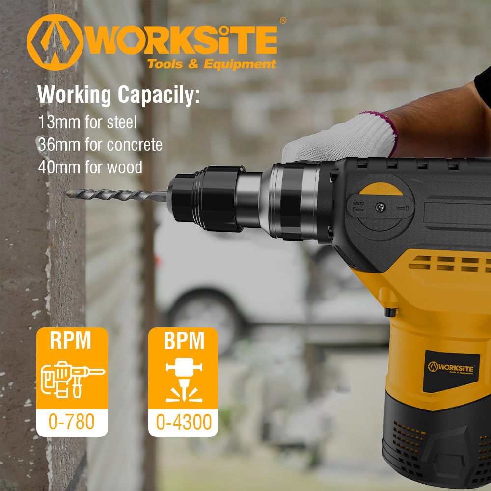 WORKSITE Electric Rotary Hammer Drill 32MM Professional Heavy Duty 1500W Variable Speed Concrete Stone Rotary Hammer