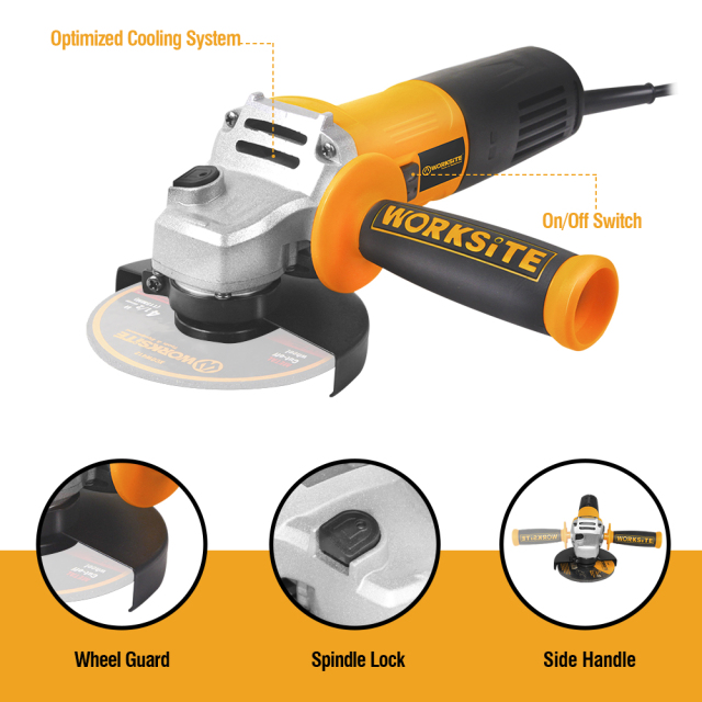 WORKSITE Electric Angle Grinders Power Tools Heavy Duty Hand Metal Concrete Cutter Wet Portable 9inch Corded Angle Grinder 115mm
