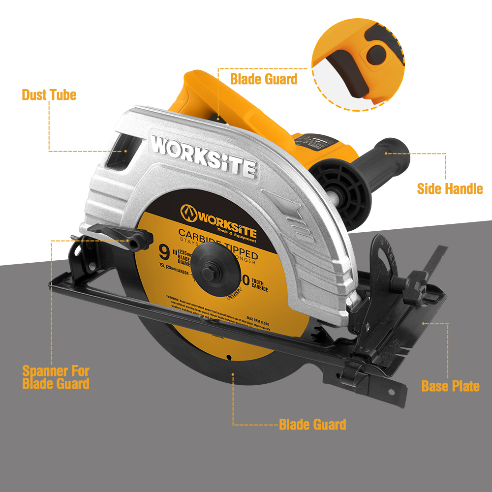 WORKSITE Professional Circular Saw 235mm Blade High Power 2200W 4100RPM Speed Electric Circular Saws
