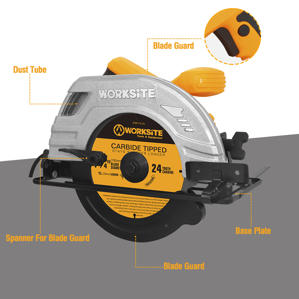 WORKSITE Circular Saw 185mm Blade High Power 1400W 5300RPM Cutting Electric Corded Circular Power Saws