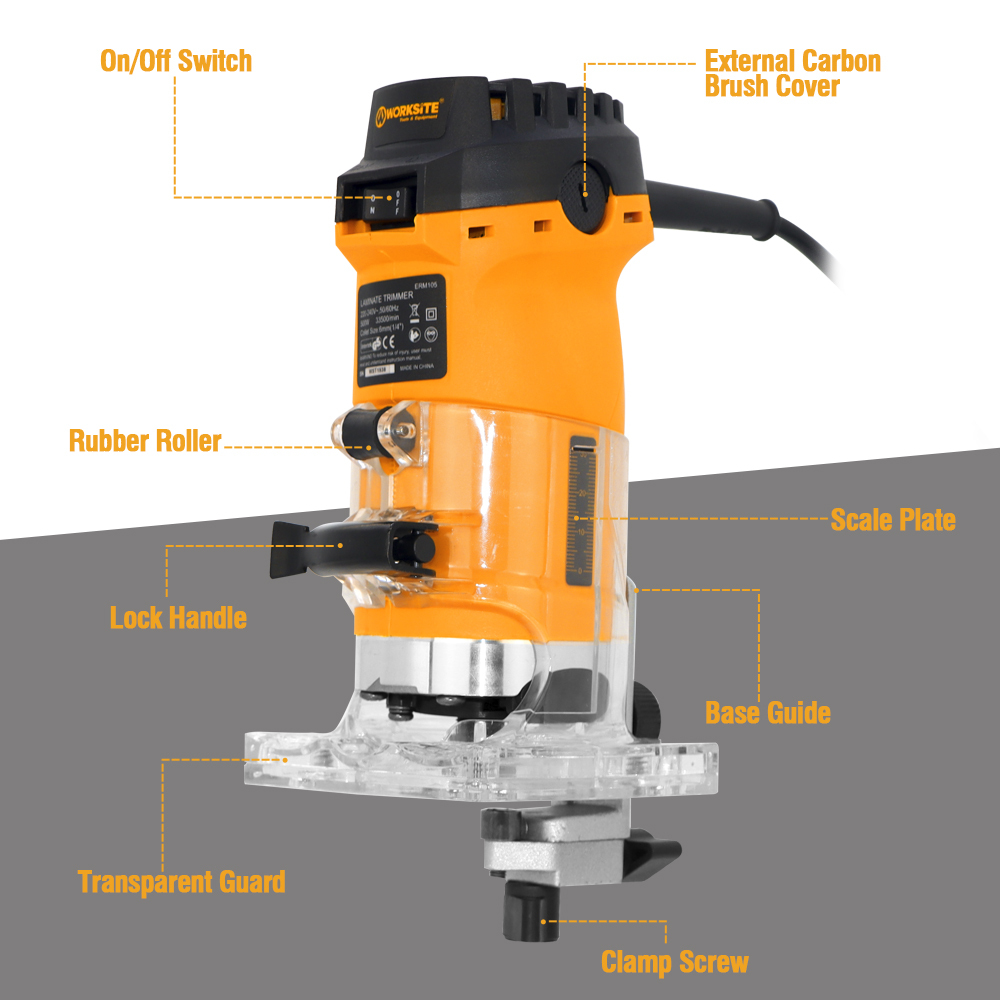 WORKSITE Woodworking Trimmer 500W Compact Handheld Electric Corded Wood Edge Trimmer for Engraving Slotting Trimming