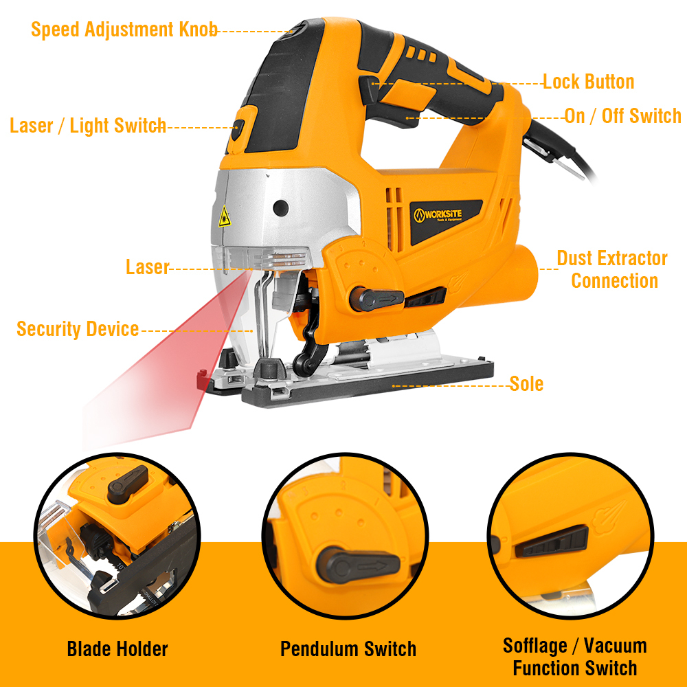 WORKSITE Jig Saw Electric 220v 800W Wood Steel Metal Cutting Portable Corded Jigsaw Woodworking Saw Tools
