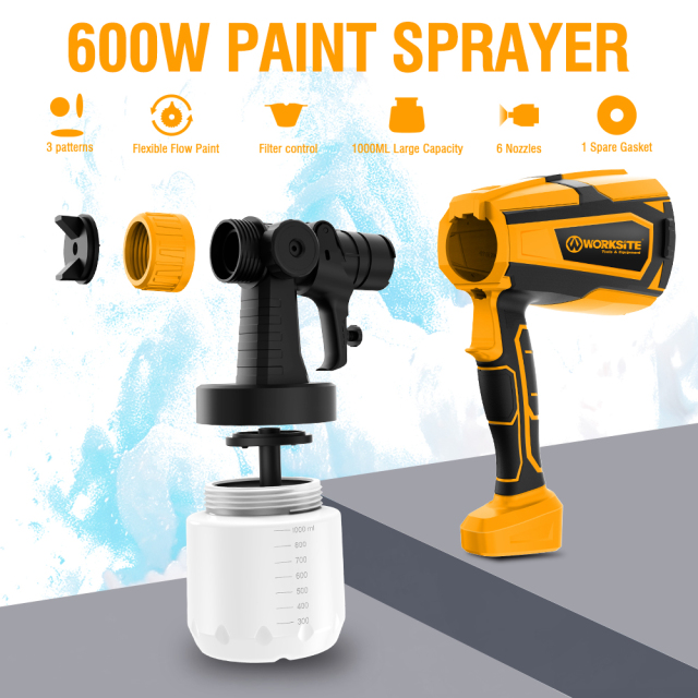 WORKSITE Spray Gun 600W Large Capacity 1000ML Portable Lightweight Electric Car Paint Sprayer Gun for Painting